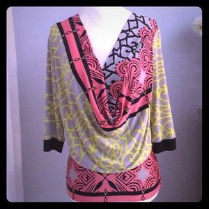 Stretchy Geometric Floral Cowl Neck designer top XS